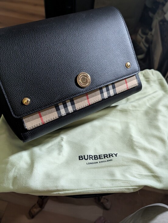 Burberry Handbags - Burberry Black Leather Shoulder Bag with Vintage Check Trim